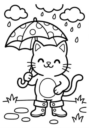 かわいいネコが長靴を履いて傘をさしている、子供・高齢者向けの雨の日の塗り絵イラスト