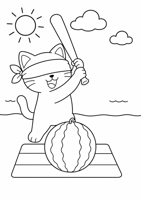 ネコのスイカ割りの子供向け無料塗り絵。夏の海辺で目隠しをした猫がスイカ割りをする線画イラスト