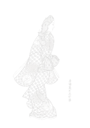 菱川師宣『見返り美人図』の大人向け塗り絵。美しい着物の柄と繊細な女性の線画イラスト