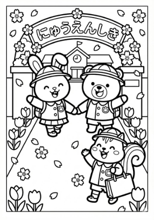 かわいい動物たちが制服を着て入園式に向かう子供向け塗り絵。桜と校舎のイラスト