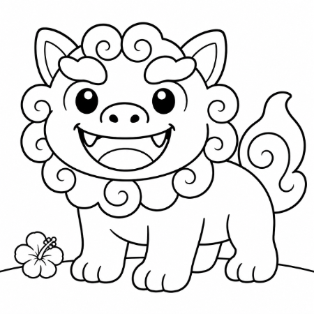 沖縄のハイビスカスとかわいいシーサーのキャラクター塗り絵。子供・高齢者向けのフリーイラスト素材