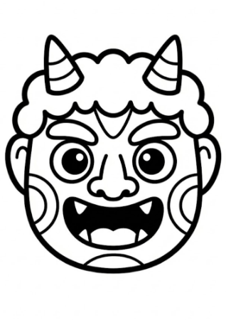 節分のお面にもなる二本角オニの塗り絵。かわいい鬼の顔の線画イラスト