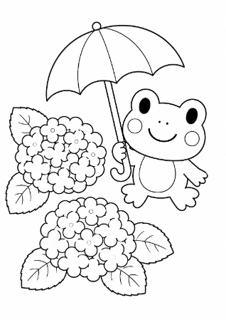 傘をさしたカエルとあじさいのおそろい無料塗り絵