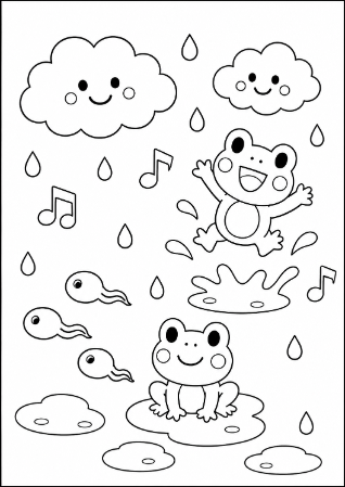 カエルと水たまりのおそろい無料塗り絵と壁面飾り
