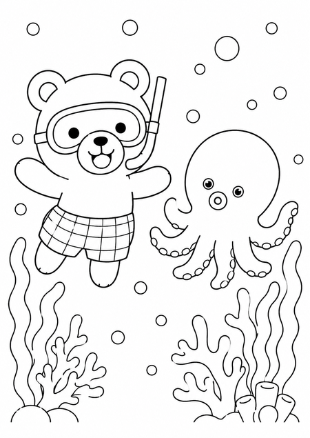 くまのシュノーケリング塗り絵サムネイル