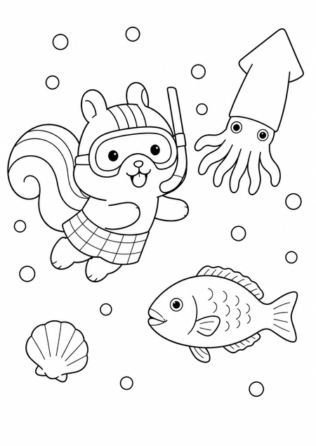 りすのシュノーケリング塗り絵サムネイル