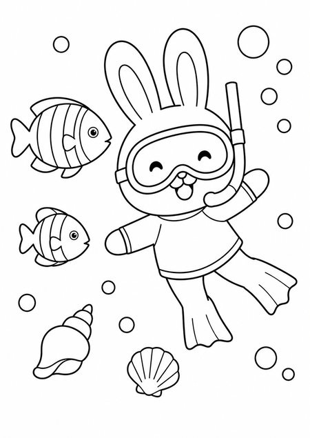 シュノーケリングで海のお散歩うさぎの塗り絵サムネイル