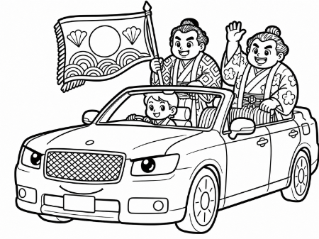 はたらく車のオープンカーの塗り絵。お相撲さんが優勝パレードをしている保育・介護レク向けイラスト