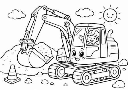 工事現場で元気に土を掘るショベルカーと運転手さんの子供向け塗り絵イラスト