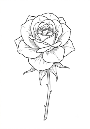 6月の誕生花バラ(薔薇)の大人向け塗り絵。美しい大輪の花と葉の精密な線画イラスト