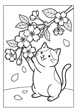桜の枝にじゃれる可愛いぽっちゃりネコの塗り絵