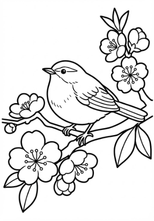 太い線で描きやすい、高齢者向けの桜とウグイスの塗り絵