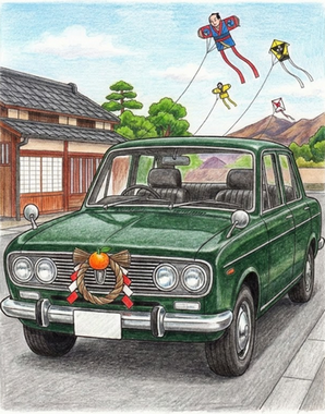 昭和・正月の塗り絵見本。青空と鮮やかな赤いレトロカー。色鉛筆風仕上げ