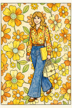 昭和レトロファッションの塗り絵見本。オレンジ色の花柄シャツとデニムのパンタロン