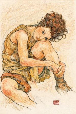 エゴン・シーレの塗り絵見本。原画のように少し退廃的で落ち着いた色合いのアートな仕上がり