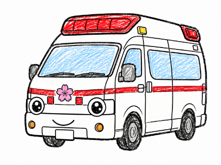 救急車（きゅうきゅうしゃ）の子供向け塗り絵見本。赤と白の定番カラー