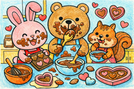 動物の手作りチョコ塗り絵見本。水色の壁紙で爽やかに。口の周りのチョコ汚れを強調