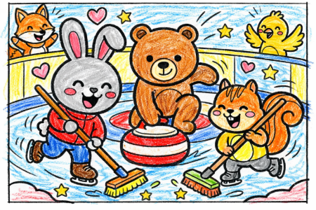 カーリングの塗り絵見本。明るい色鉛筆で元気に塗ったウサギとクマのイラスト