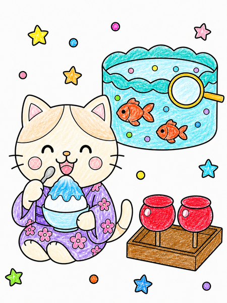 青いかき氷がさわやかなお祭りの思い出の塗り見本