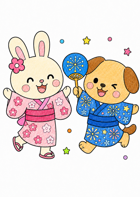 ピンクと青の浴衣がかわいいお祭りの塗り見本