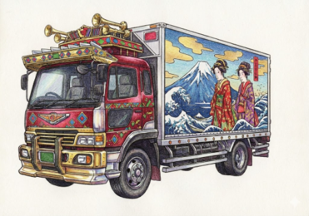 デコトラ塗り絵見本。赤いキャビンと青い空のコントラストが映える色鉛筆仕上げ