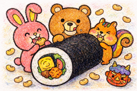 恵方巻と動物たちの塗り絵見本。色鉛筆のタッチを生かした温かみのある仕上がり