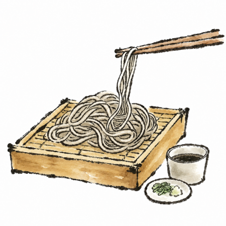 ざるそばの絵手紙風ぬりえ見本。色鉛筆でしっかり色を乗せて美味しそうに仕上げた作品
