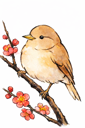 梅とウグイスの塗り絵見本。実際のウグイスに近い茶褐色の羽と鮮やかな赤い梅の花