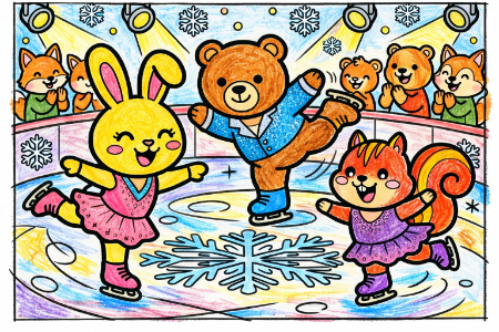 フィギュアスケートの塗り絵見本。黄色いウサギや茶色のクマが明るい衣装で滑っているイラスト