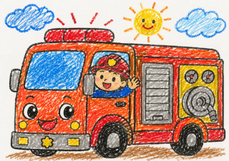 消防車の塗り絵見本。本物みたいにかっこいい真っ赤なバージョン
