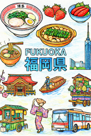 福岡観光塗り絵の見本。食材の色を忠実に再現した、食欲をそそる鮮やかな配色