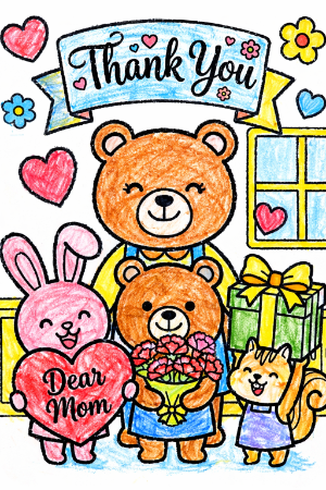 母の日の塗り絵見本。ピンクのカーネーションと柔らかな色合いの動物たち