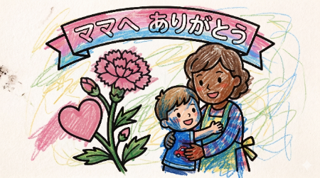 母の日の塗り絵見本。背景までカラフルに塗った、元気で楽しい雰囲気の作品