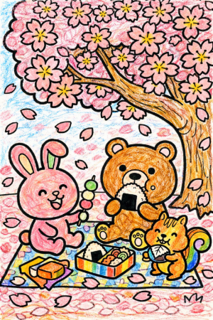 お花見塗り絵の見本。桜のピンクと暖かい色合いでまとめた春らしい配色