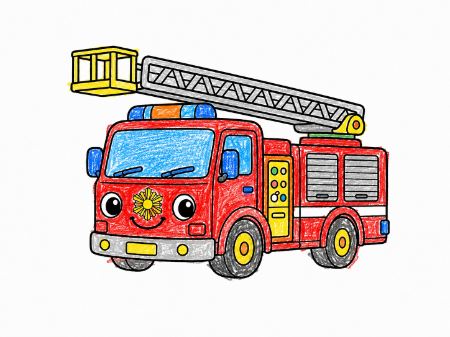 はしご消防車（しょうぼうしゃ）の子供向け塗り絵見本。かっこいい赤色の定番カラー