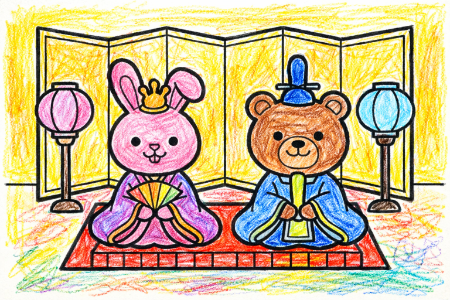 ひな祭りの塗り絵見本。金屏風を背景にした王道スタイルの作例