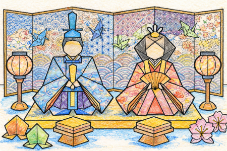 ひな人形の塗り絵見本。全体的に淡く優しい色使いで仕上げた色鉛筆画風