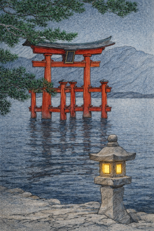 川瀬巴水・星月夜（宮嶋）の塗り絵見本。色鉛筆で夜の風景を表現した作例