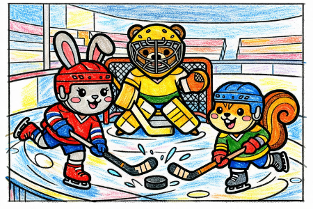 アイスホッケーの塗り絵見本。赤いユニフォームのウサギと緑のユニフォームのリスが競り合うイラスト