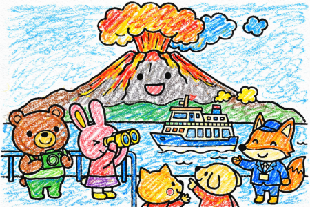 桜島の塗り絵見本。空の青と山の緑、噴煙の白のコントラストが楽しいポップな配色