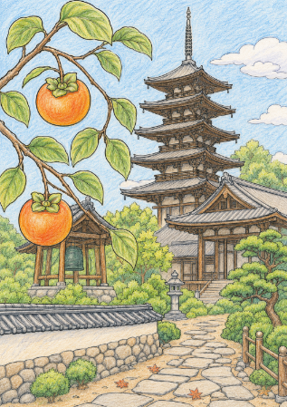 色鉛筆風の塗り絵見本。青空と熟した柿が美しい秋の風景