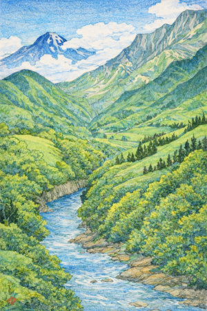 川瀬巴水・甲州梁川の塗り絵見本。新緑の山と澄んだ川を描いた初夏のような配色