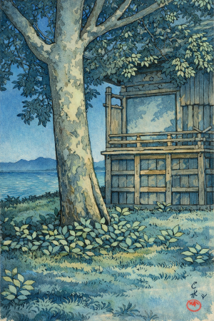 川瀬巴水・秋田八郎潟の塗り絵見本。元の版画のように深い青色を基調とした夜景風