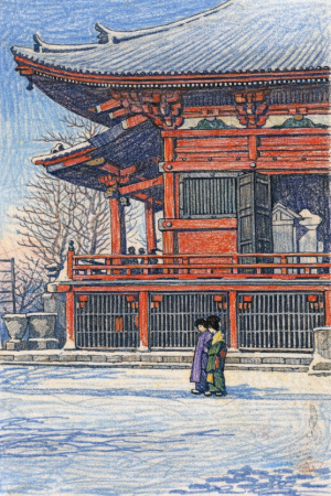 川瀬巴水・浅草観音の雪晴の塗り絵見本。青空と雪のコントラストが美しい原画風の配色