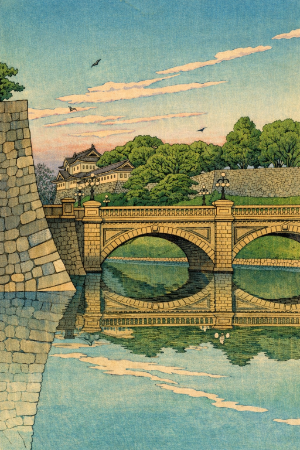 川瀬巴水・二重橋の朝の塗り絵見本。元の絵の雰囲気を再現した爽やかな朝の風景