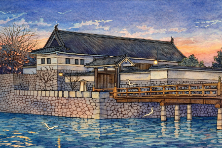 川瀬巴水・平河門の塗り絵見本。元の絵の雰囲気を再現した静かな夕暮れの風景