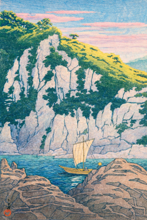 川瀬巴水・木曽川蓬莱岩の塗り絵見本。岩の陰影や水面のグラデーションを再現した色鉛筆画風