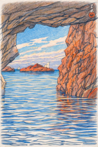 川瀬巴水・男鹿半島の塗り絵見本。青空と透き通る海を表現した色鉛筆画風