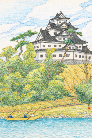川瀬巴水・岡山城の塗り絵見本。青空と黒い城のコントラストを強調した色鉛筆画風