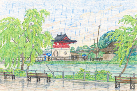 川瀬巴水・不忍池の雨の塗り絵見本。柳の緑と弁天堂の赤が美しい色鉛筆画風